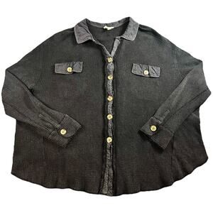 BIBI Waffle Knit Button Front Shirt Jacket Black Utility Pockets Womens S